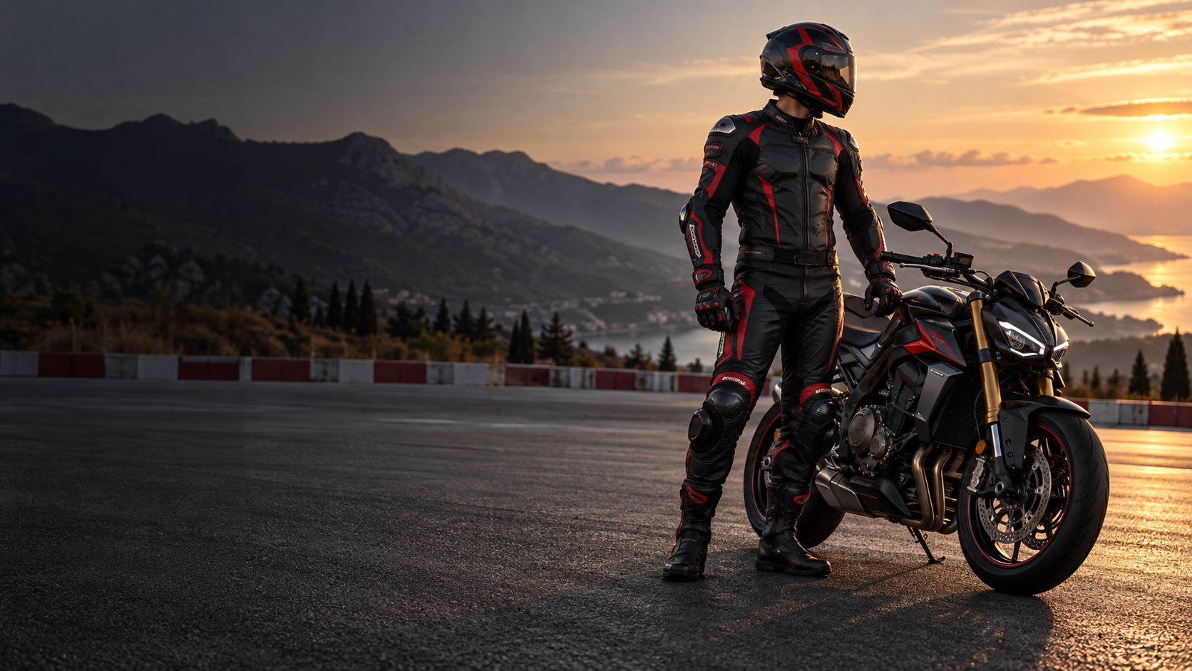 Motociclista con tuta, casco e protezioni accanto alla moto